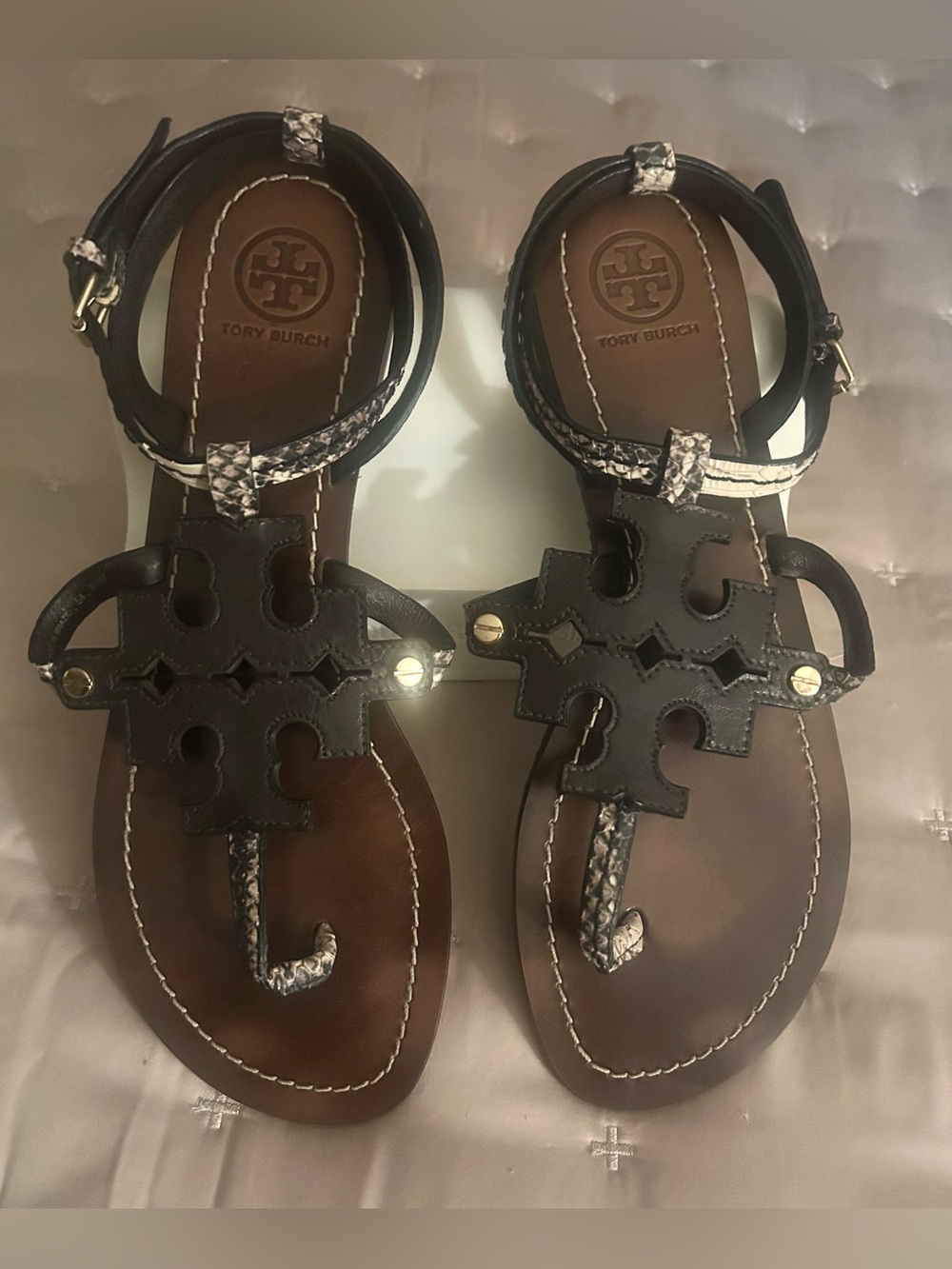 Tory Burch Phoebe Flat Thong Sandals Brown Black Snakeskin EU 39 US 8.5
